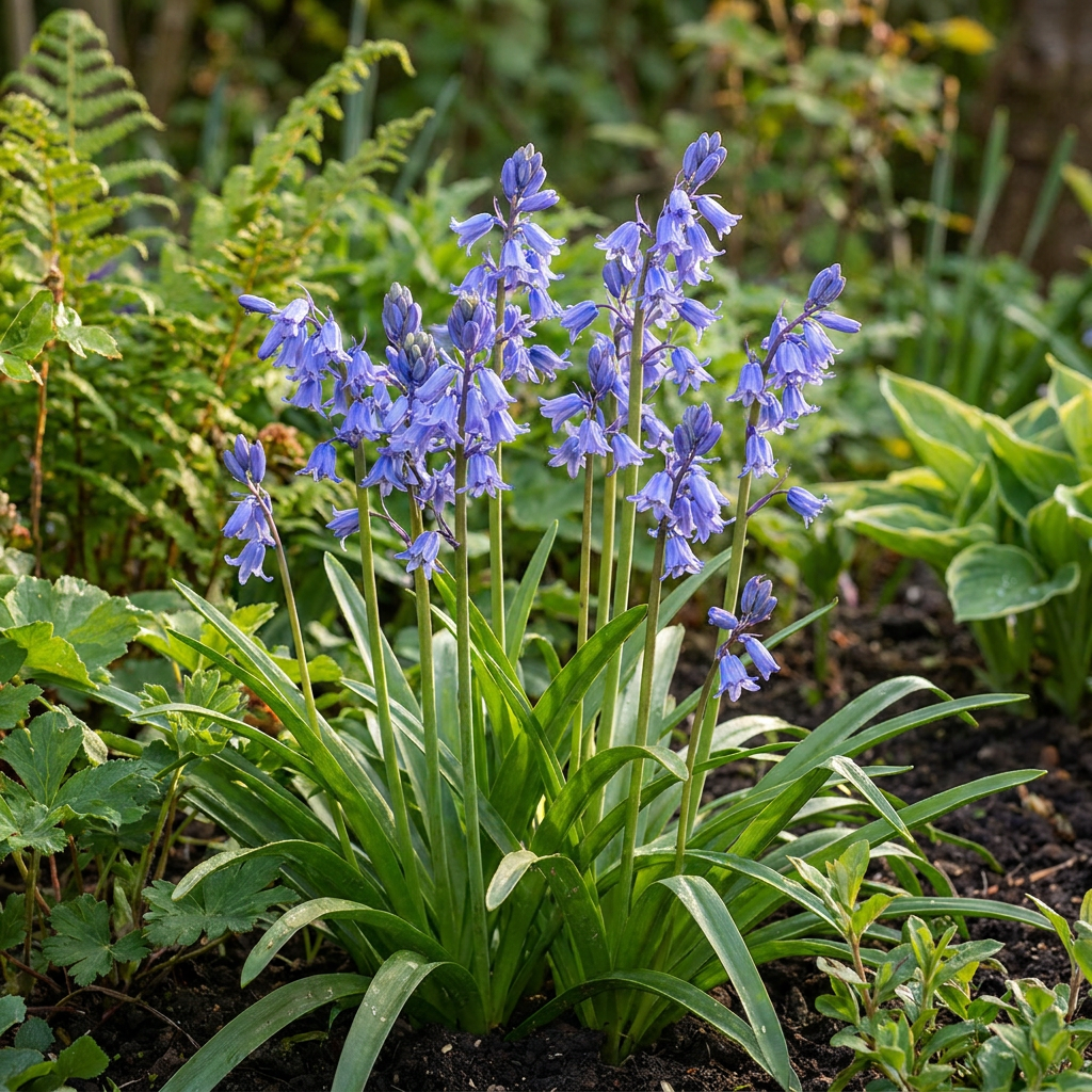 Jacinthes des bois (Hyacinthoides) avec leurs délicates clochettes bleues en pleine floraison dans un jardin.