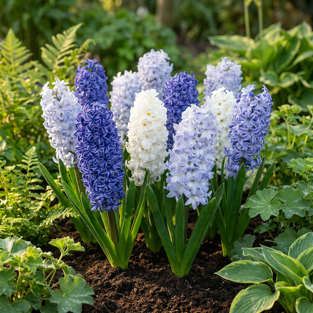 Jacinthes bleues, blanches et lavande en mélange, en pleine floraison dans un jardin.