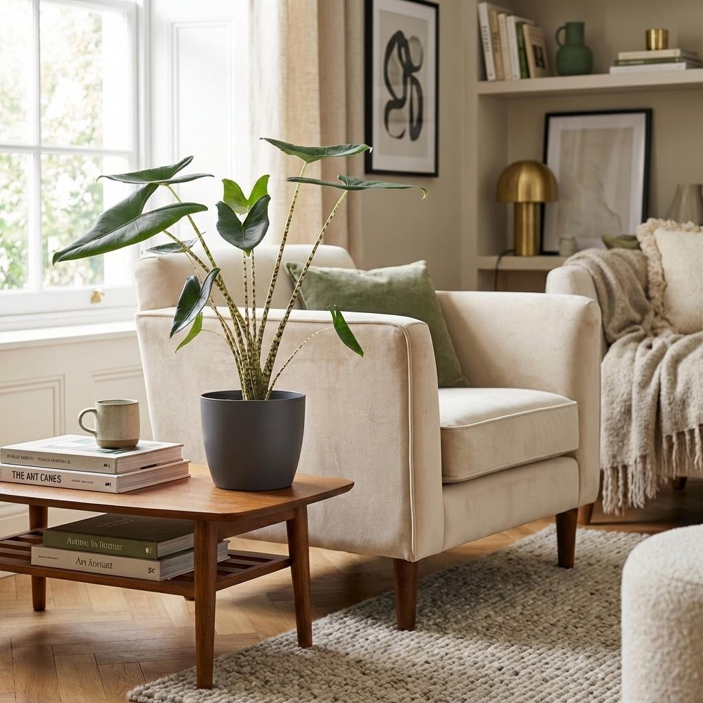 Plante d'intérieur - Oreille d'éléphant - Alocasia Zebrina - Vert - Entretien facile - 1 Plante - avec Potter Gris - Pot 21 cm - Hauteur 70 - 75 cm