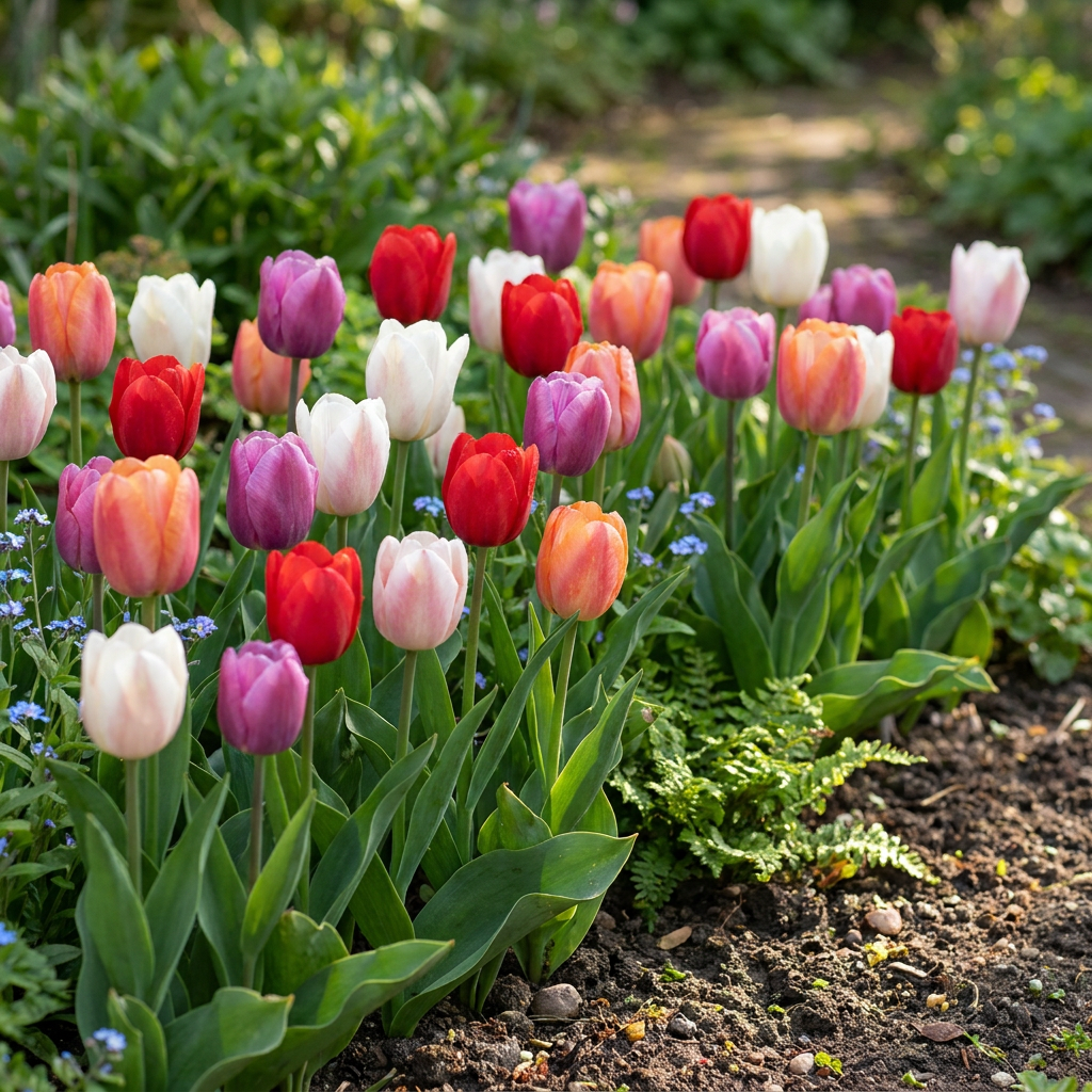 Massif de tulipes 'Glowing with Pride' aux multiples couleurs éclatantes dans un jardin printanier.