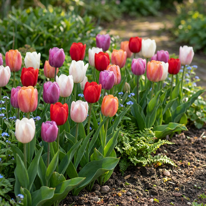 Massif de tulipes 'Glowing with Pride' aux multiples couleurs éclatantes dans un jardin printanier.