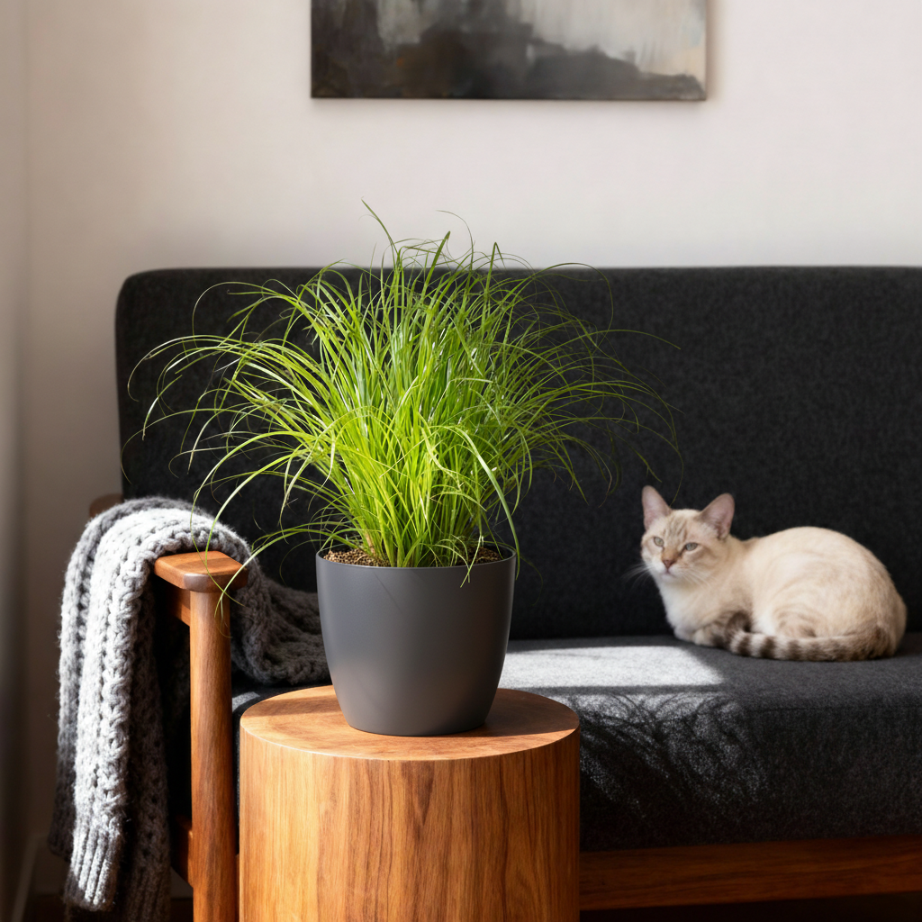 Plante d'intérieur - Cyperus alternifolius Zumula - Plante à chats - Plante amicale pour les animaux - Vert - 1 Plante - avec Pot Gris - Pot 12cm - Hauteur 20cm