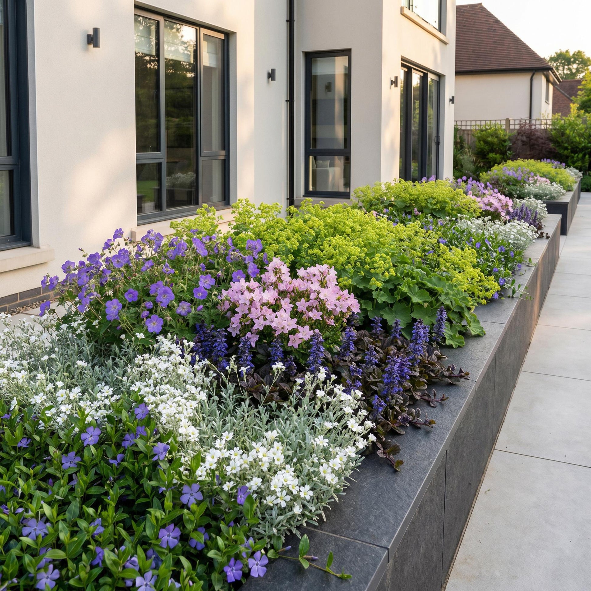 Plantes vivaces variées en pack pour massif. Aménagement paysager moderne avec un long parterre surélevé près d'une maison aux murs clairs.