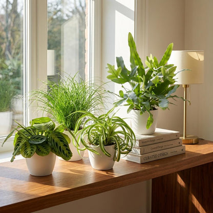 Plante d'intérieur - Chlorophytum - Cyperus - Phlebodium - Marantha - Mix de 4 - Plantes Amicales pour Animaux - Vert - 4 Plantes - avec Potter Blanc - Pot 12cm - Hauteur 25cm