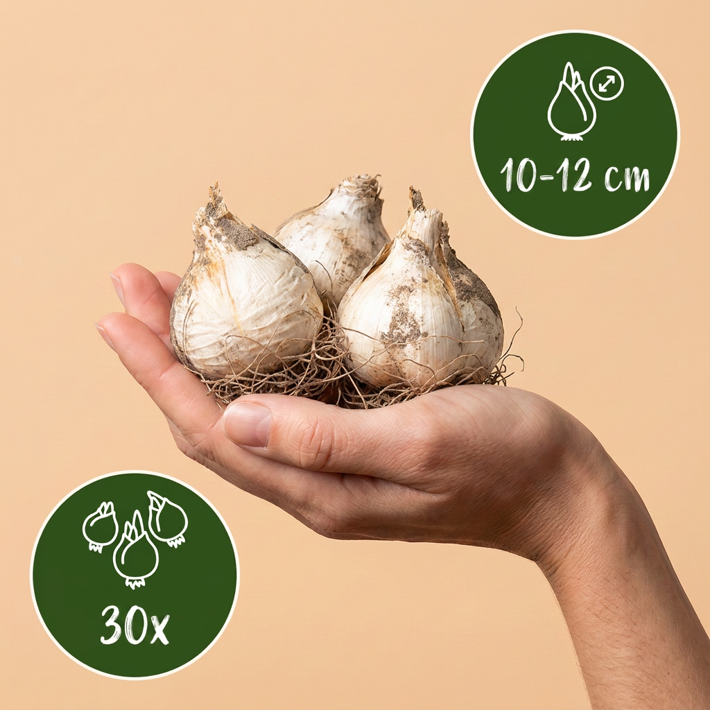 Bulbes d'Ail d'ornement en mélange pourpre et blanc tenus dans une main, calibre 10/12, lot de 30 bulbes