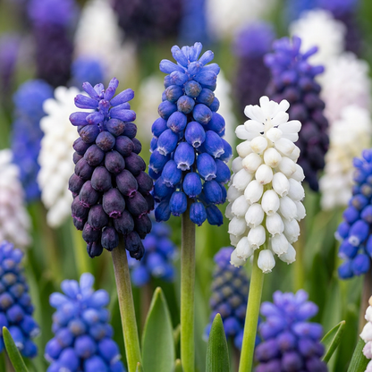 Massif de Muscari Mélange Magique aux fleurs bleues, violettes et blanches.