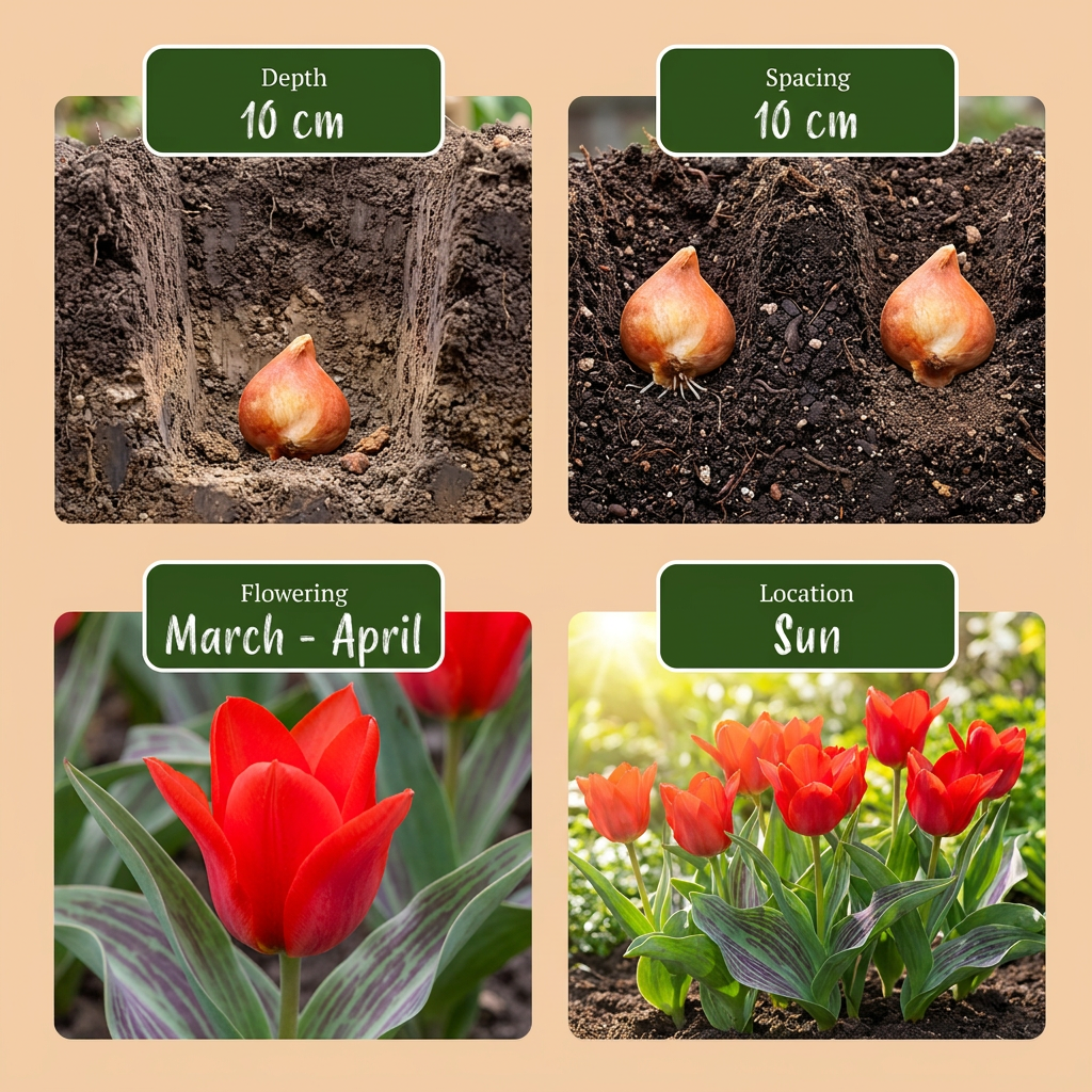 Guide de plantation des bulbes de tulipe Greigii rouge : profondeur, espacement, période de floraison et exposition au