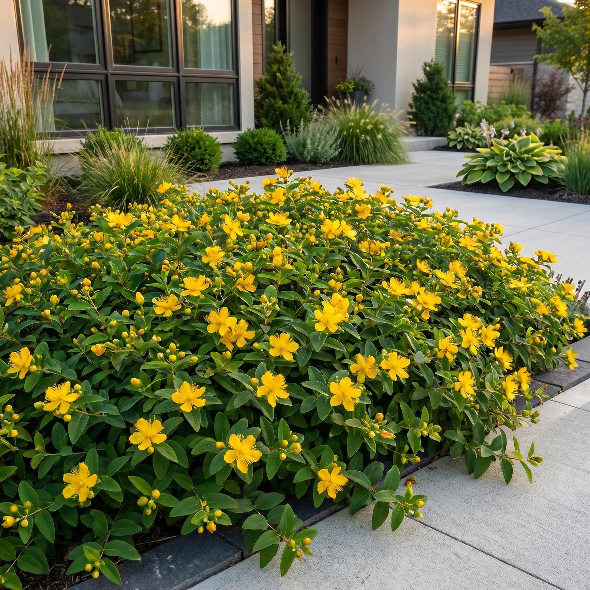 Hypericum calycinum - millepertuis. Un parterre dense de millepertuis en fleurs jaunes devant l'entrée d'une maison moderne.