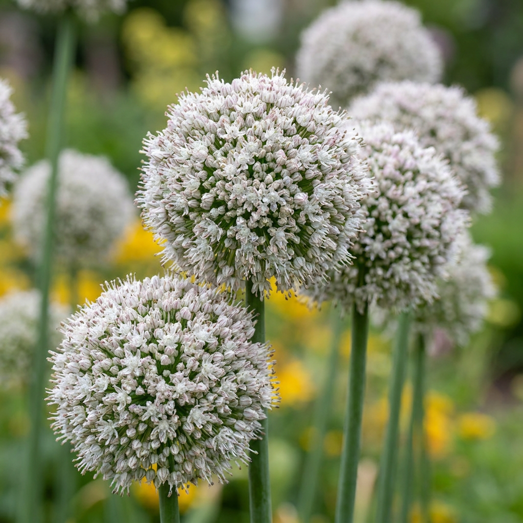 Belles inflorescences globuleuses de l'Ail d'ornement 'Ping Pong' avec de nombreuses petites fleurs blanches.