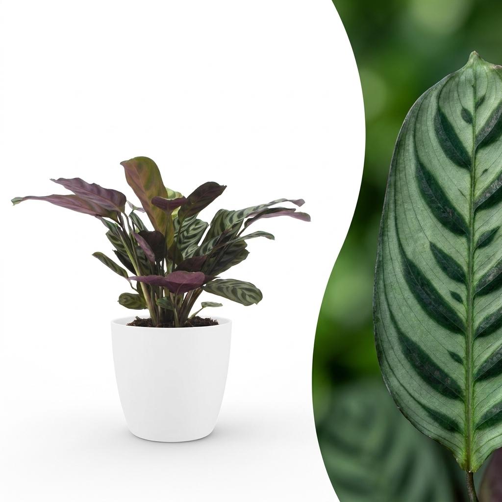 Ctenanthe Burle Marxii, plante de la prière arête de poisson en pot blanc de 12cm, avec un gros plan sur le motif du feuillage panaché