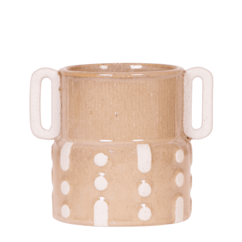 Cache-pot céramique à anses et pois blancs - teinte sable