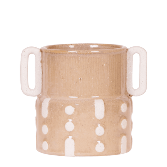 Cache-pot céramique à anses et pois blancs - teinte sable