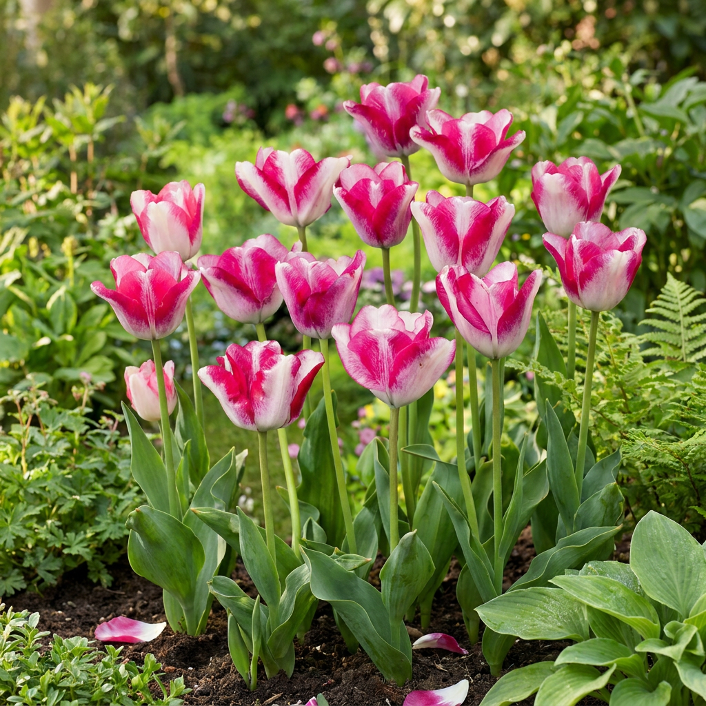 Massif de tulipes 'Mata Hari' aux fleurs blanches striées de fuchsia et de rose vif dans un jardin verdoyant.