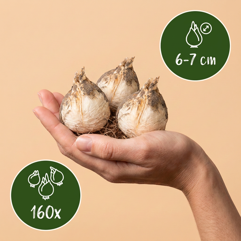 Bulbes d'Ail d'ornement 'Ping Pong' tenus dans une main, calibre 6-7 cm, lot de 160 bulbes.