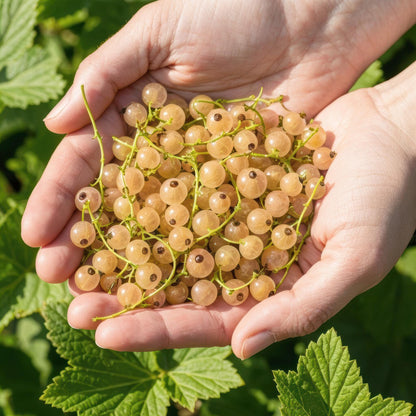 Groseille blanche 'Witte Hollander' : des grappes de baies blanches translucides reposent dans les mains d'une personne, sur fond de feuilla
