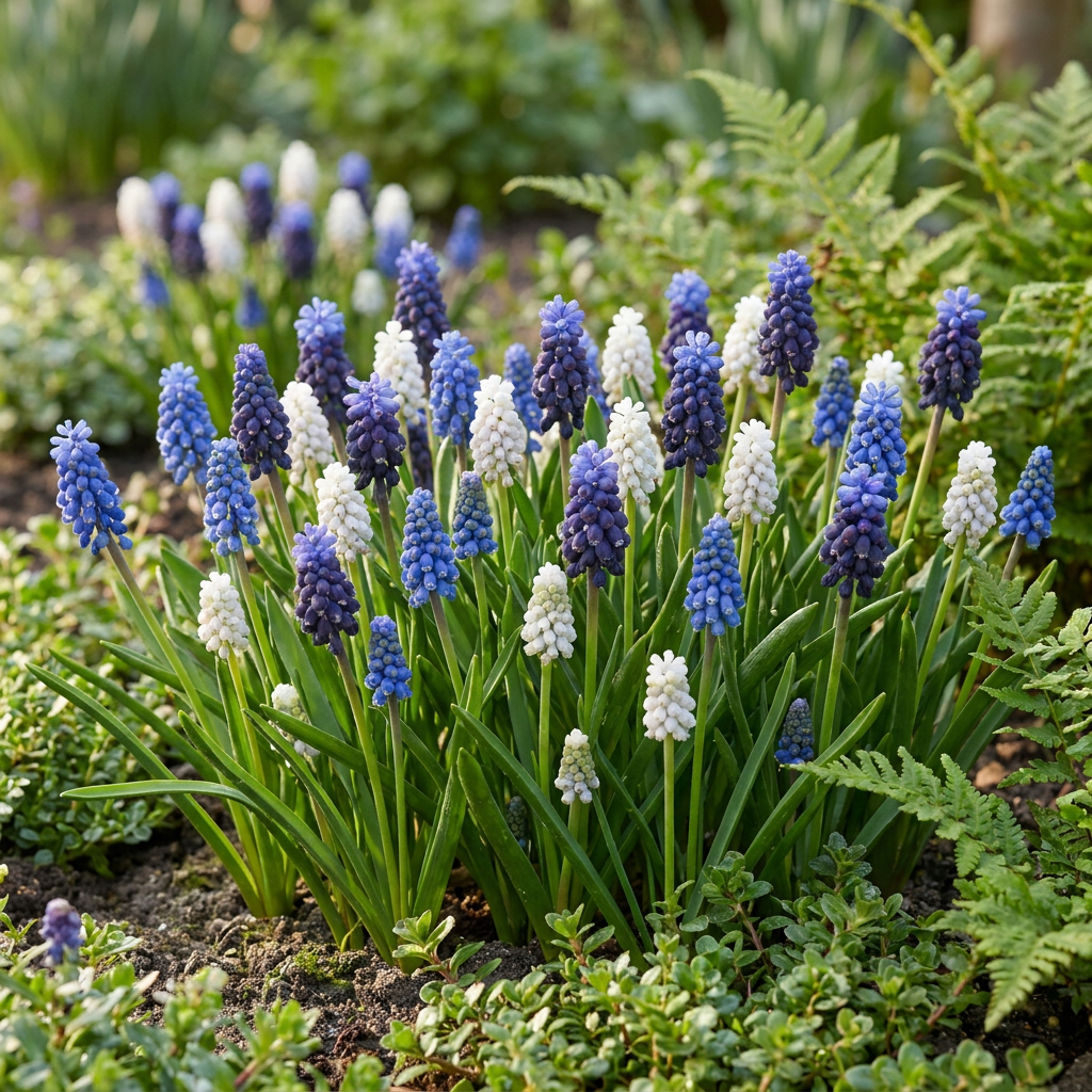 Massif de Muscari Mélange Magique en fleurs, avec des grappes bleues, blanches et violettes, dans un jardin printanier.