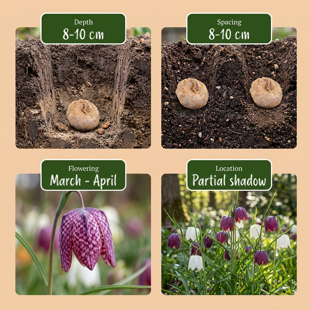 Guide de plantation des bulbes de Fritillaire pintade, incluant la profondeur, l'espacement, la floraison et l'emplacement.