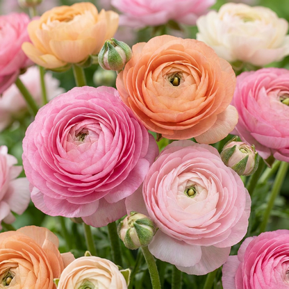 Ranunculus Pastel Mix. Gros plan sur un bouquet de renoncules aux teintes pastel de rose, pêche et blanc crème.