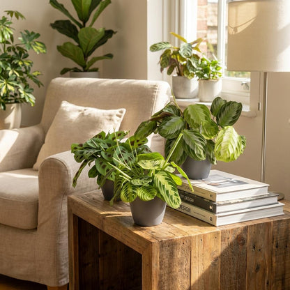 Plante d'intérieur - Marantha Silverband, Marantha Lemon Lime Marantha Kerchoveana - Plante à prière - Plante amie des animaux - Vert - 3 Plantes - avec Pot Gris - Pot 12cm - Hauteur 25cm