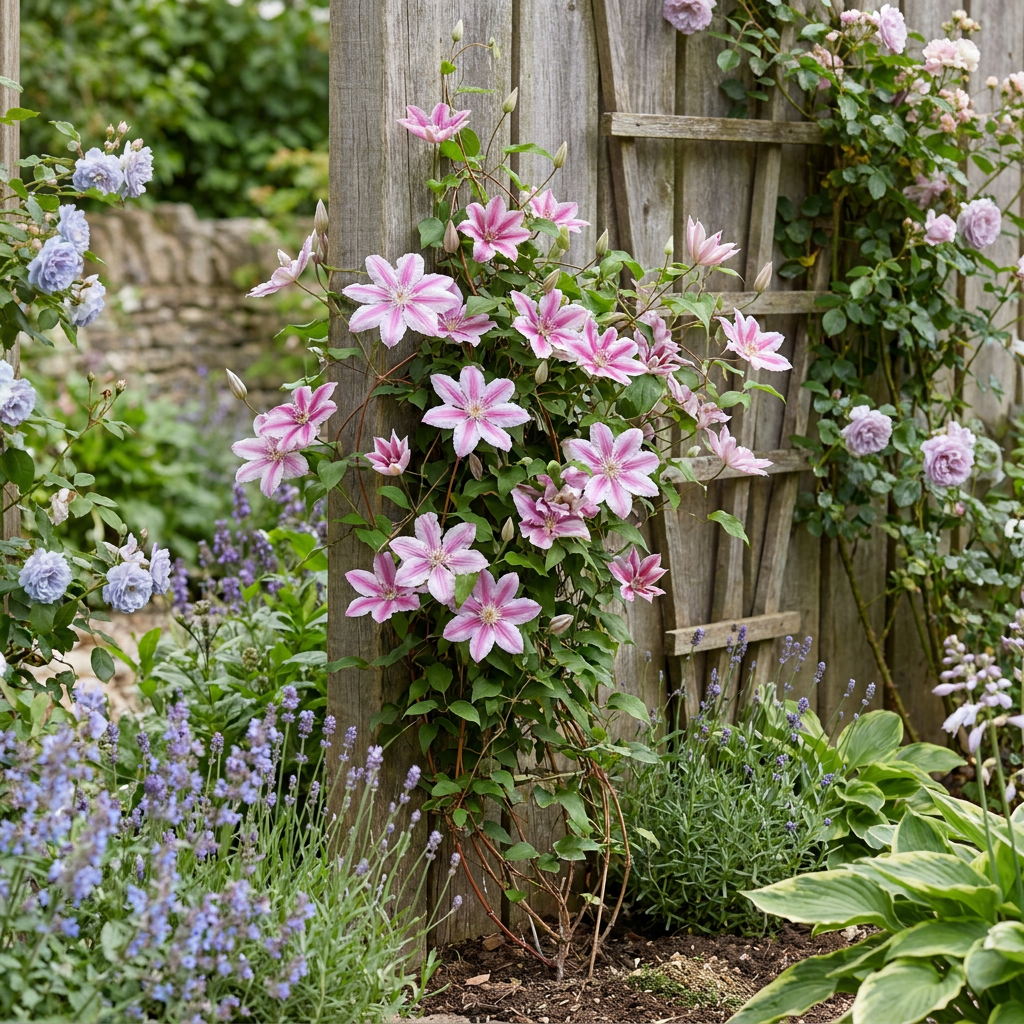 Clématite 'Piilu' (Clematis) - grimpante à grandes fleurs rose et blanc