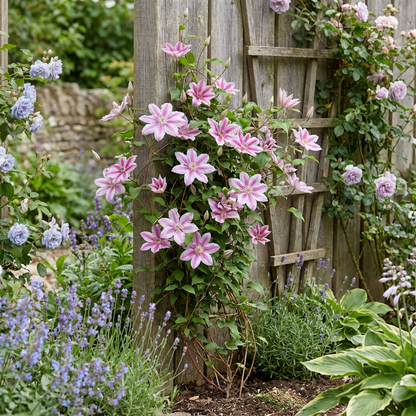 Clématite 'Piilu' (Clematis) - grimpante à grandes fleurs rose et blanc