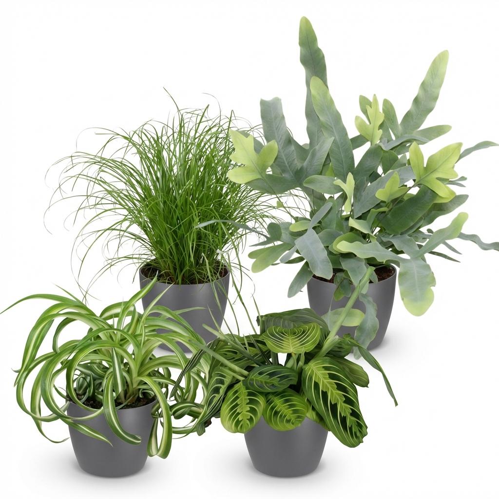 Plante d'intérieur - Chlorophytum - Cyperus - Phlebodium - Marantha - Mix de 4 - Plantes Amicales pour Animaux - Vert - 4 Plantes - avec Pot Gris - Pot 12cm - Hauteur 25cm