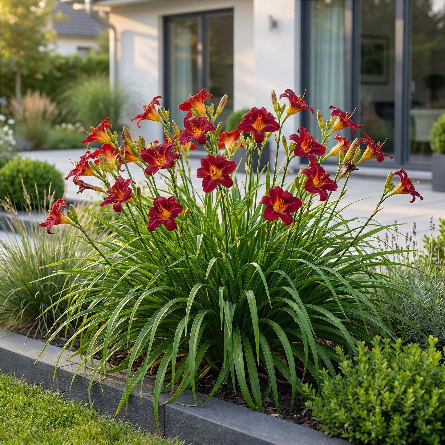 Hémérocalle 'Autumn Red' en fleur dans un jardin moderne, devant une terrasse et une maison lumineuse. Ses fleurs sont rouge bordeaux éclata