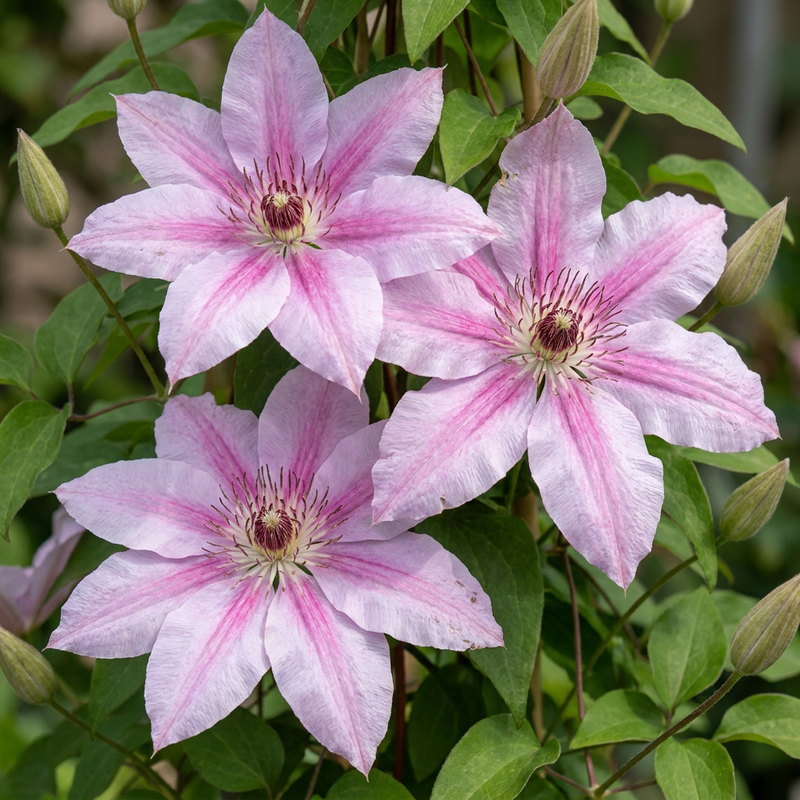 Clématite 'Nelly Moser' (Clematis) - grimpante à grandes fleurs rose barré de rose vif