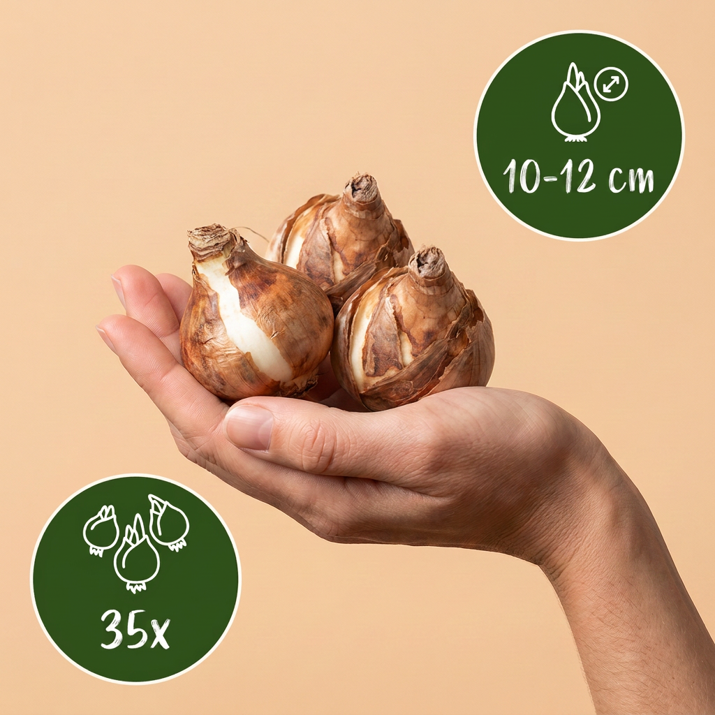 Bulbes de Mélange de bulbes pour jardin sec tenus dans une main, calibre 10-12 cm, lot de 35 bulbes.
