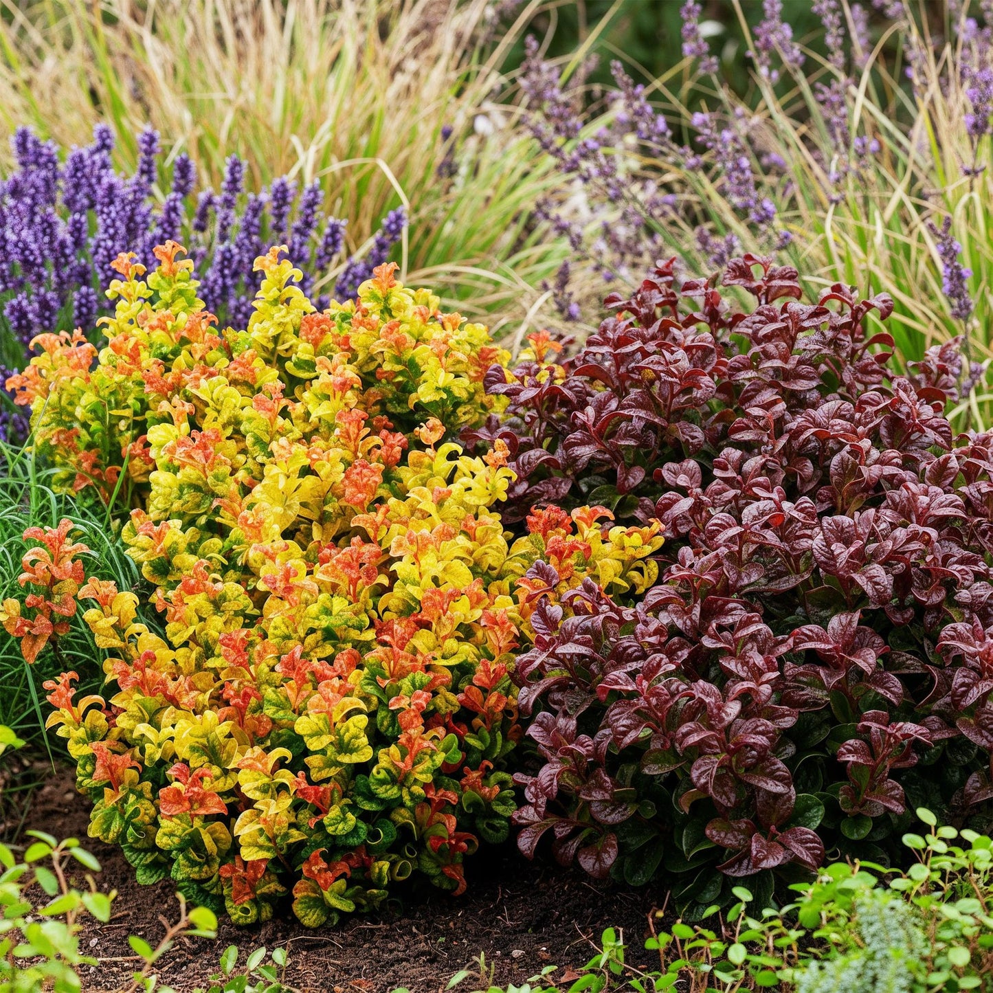Leucothoe Curly Duo jaune et rouge, planté dans un jardin avec d'autres plantes violettes et graminées, offrant un contraste de couleurs viv