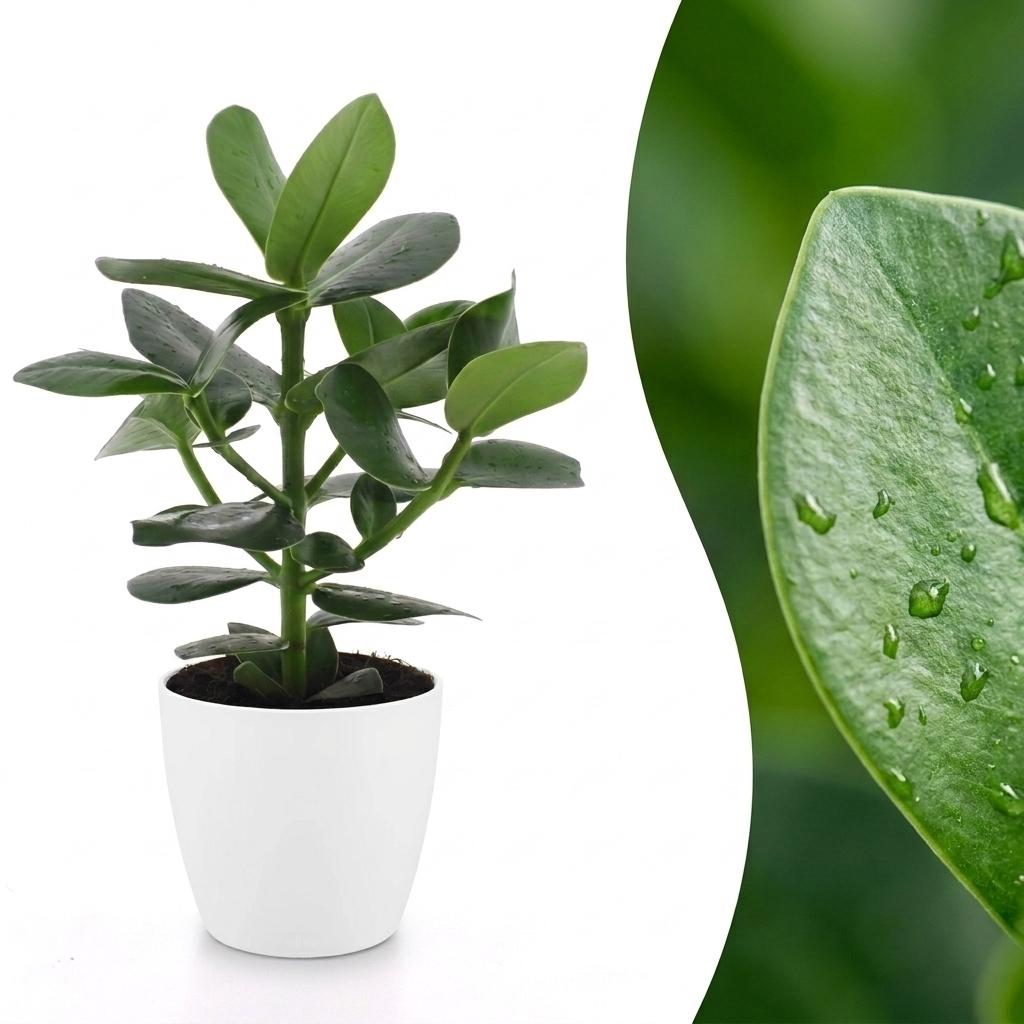 Une plante Clusia Princess avec un feuillage vert brillant, des feuilles arrondies dans un pot blanc épuré
