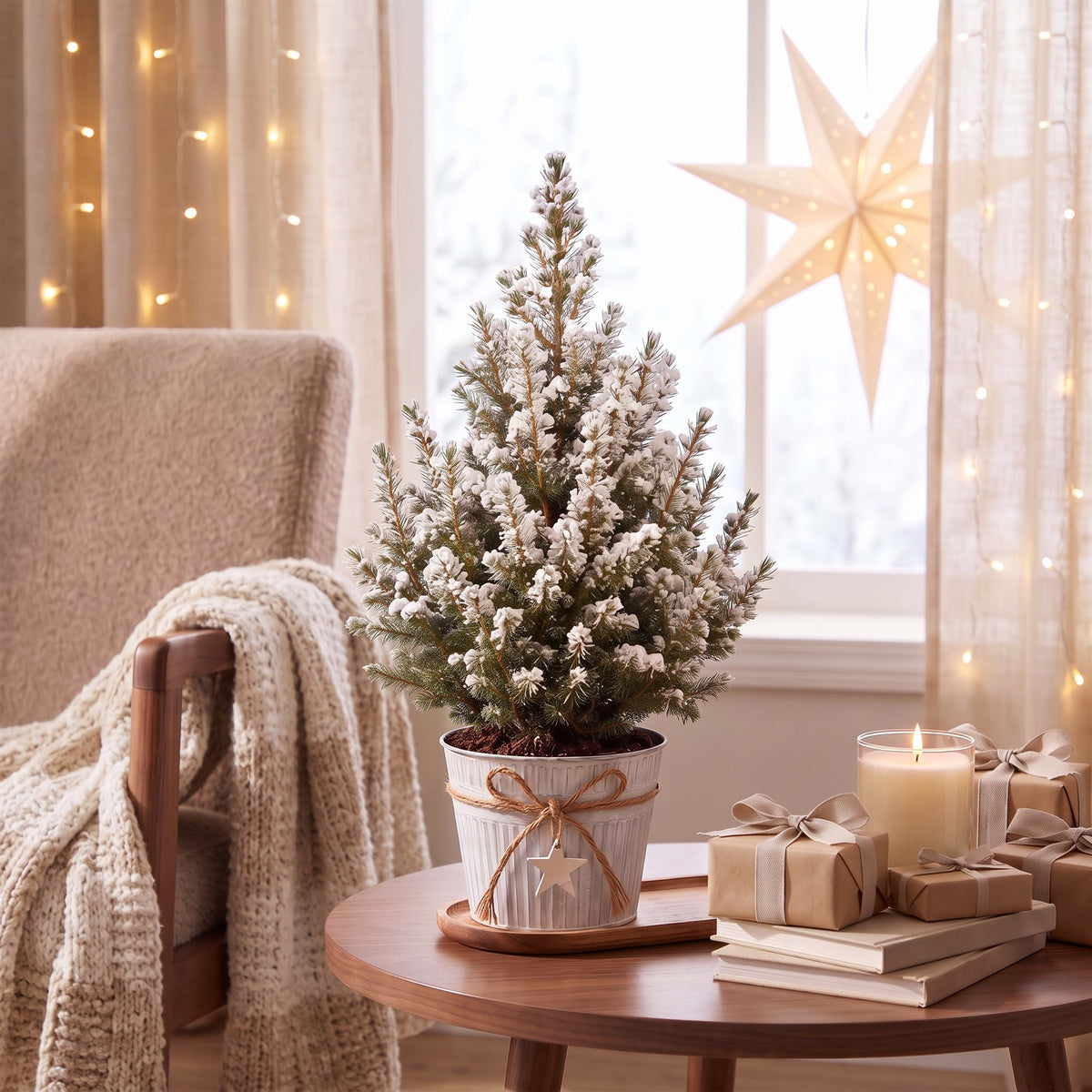 Épicéa 'Conica' enneigé en pot en zinc, décor de Noël