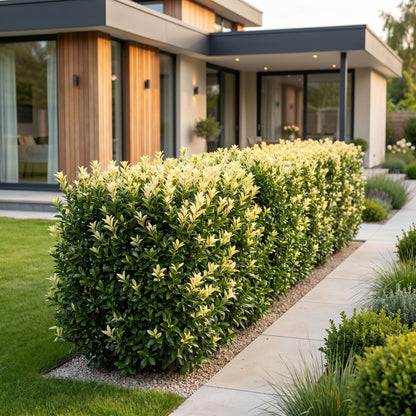 Euonymus japonica Paloma Blanca formant une haie basse et dense avec ses feuilles vertes marginées de jaune clair, devant une maison moderne