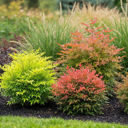 Nandina Duo, deux arbustes aux feuillages jaune vif et rouge cuivré plantés en pleine terre dans un jardin, avec des herbes hautes en arrièr