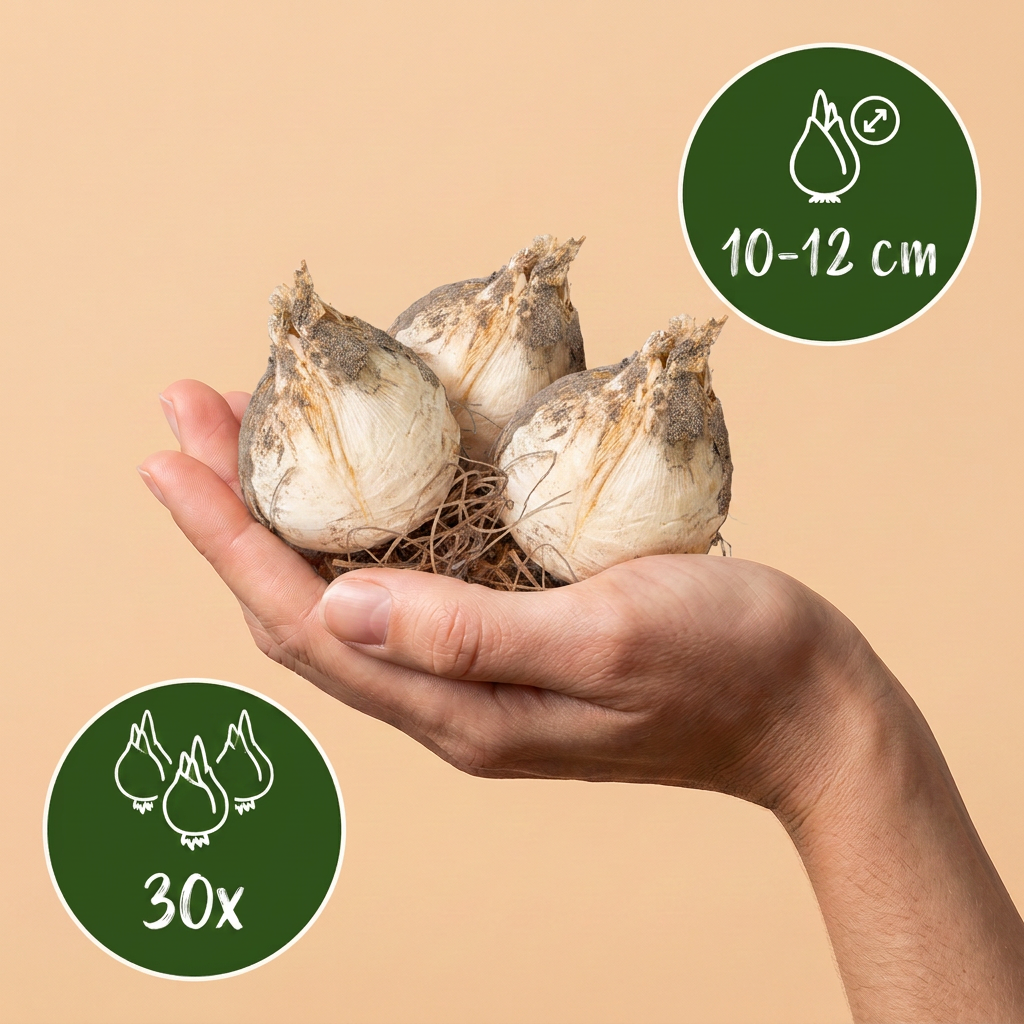 Bulbes d'Ail d'ornement Christophii tenus dans une main, calibre 10-12 cm, lot de 30 bulbes.