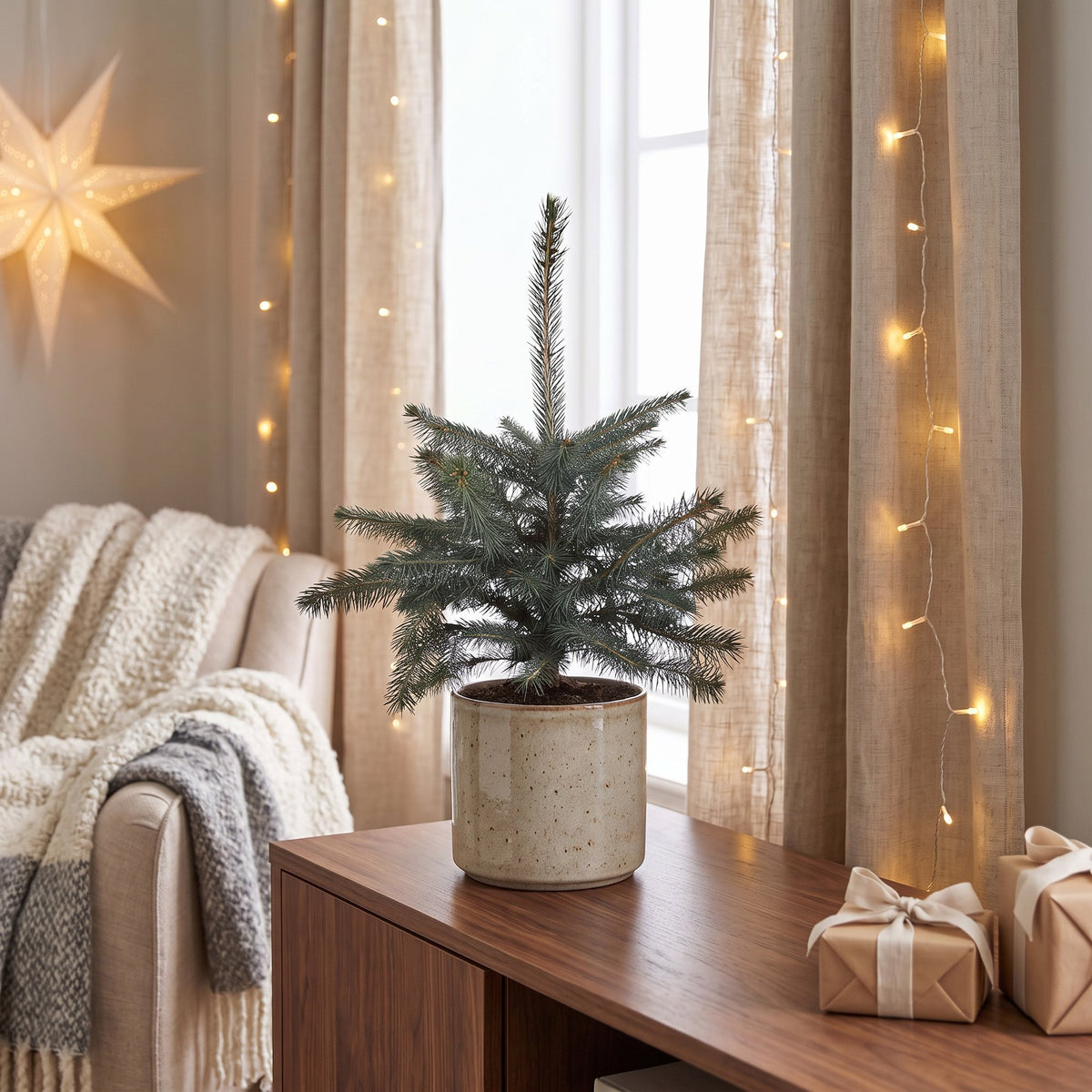 Picea pungens Glauca, épicéa bleu du Colorado en pot de 23 cm, sapin de Noël vivant aux aiguilles bleu argenté