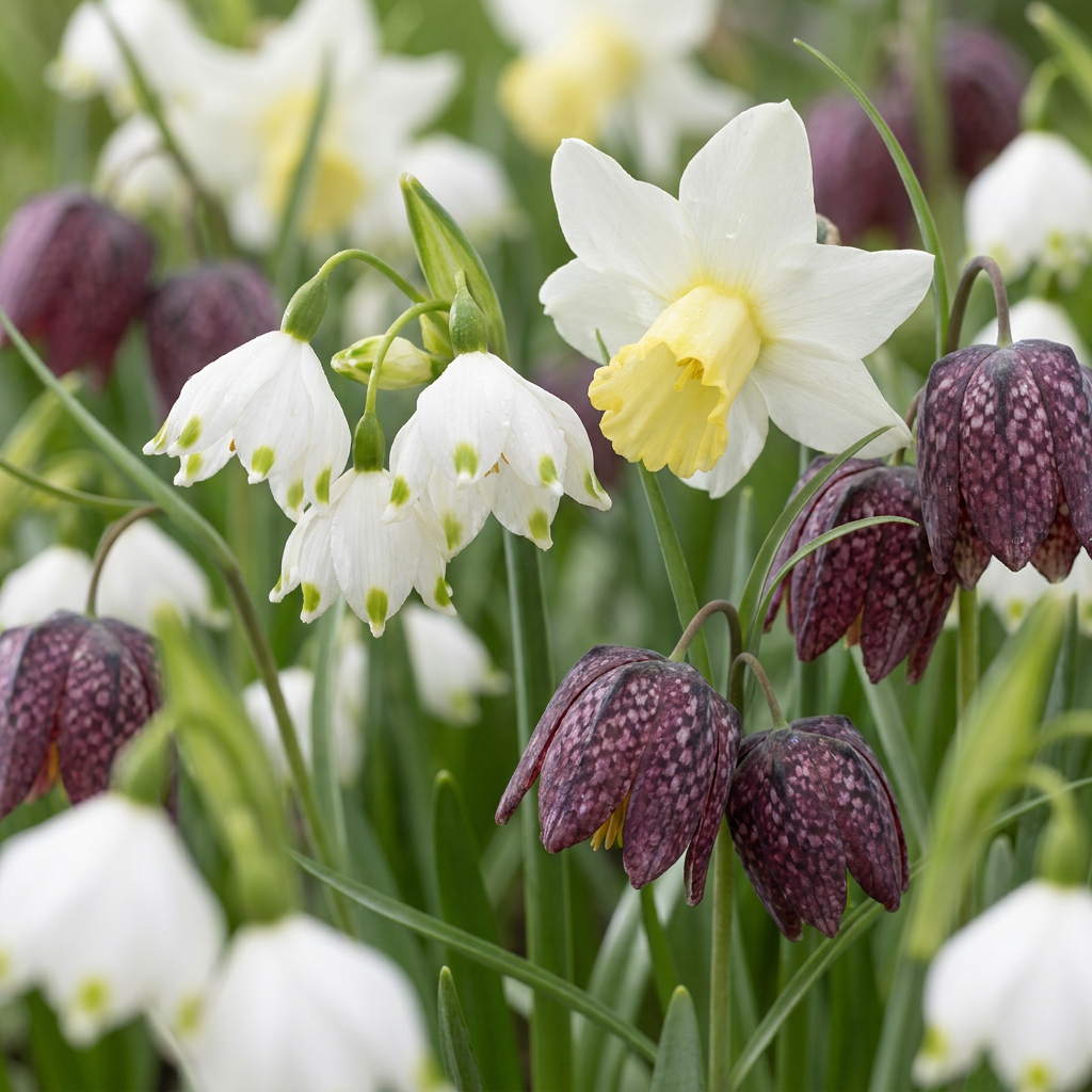 Massif de perce-neige, fritillaire damier et narcisses blancs et jaunes, idéal pour jardin humide.