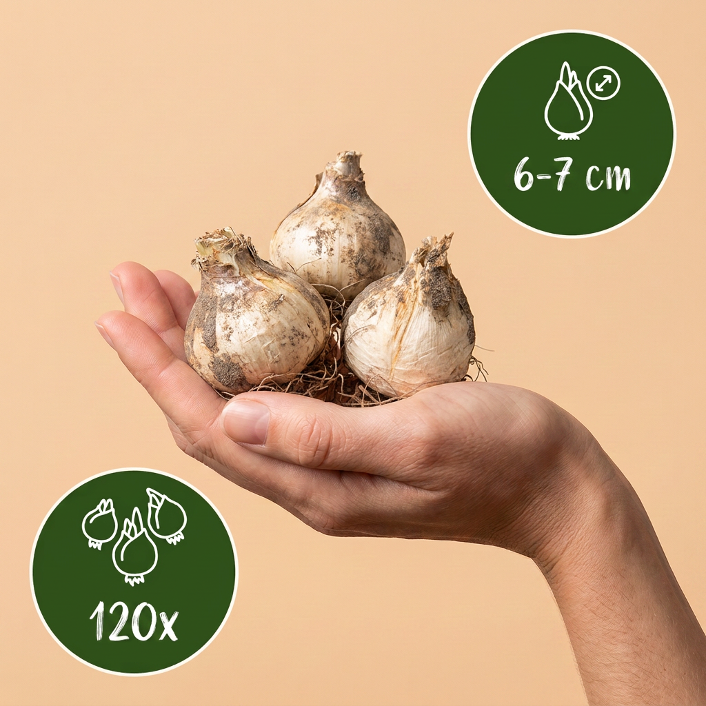 Bulbes d'Ail d'ornement 'Buzzing Beauties' tenus dans une main, calibre 6-7 cm, lot de 120 bulbes.