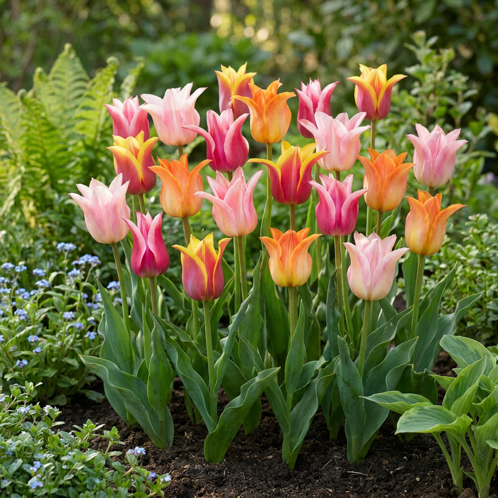 Massif de tulipes 'Ballade' en mélange, aux fleurs roses, oranges et jaunes dans un jardin printanier.