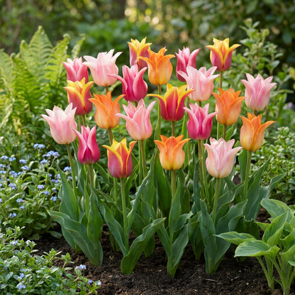 Massif de tulipes 'Ballade' en mélange, aux fleurs roses, oranges et jaunes dans un jardin printanier.