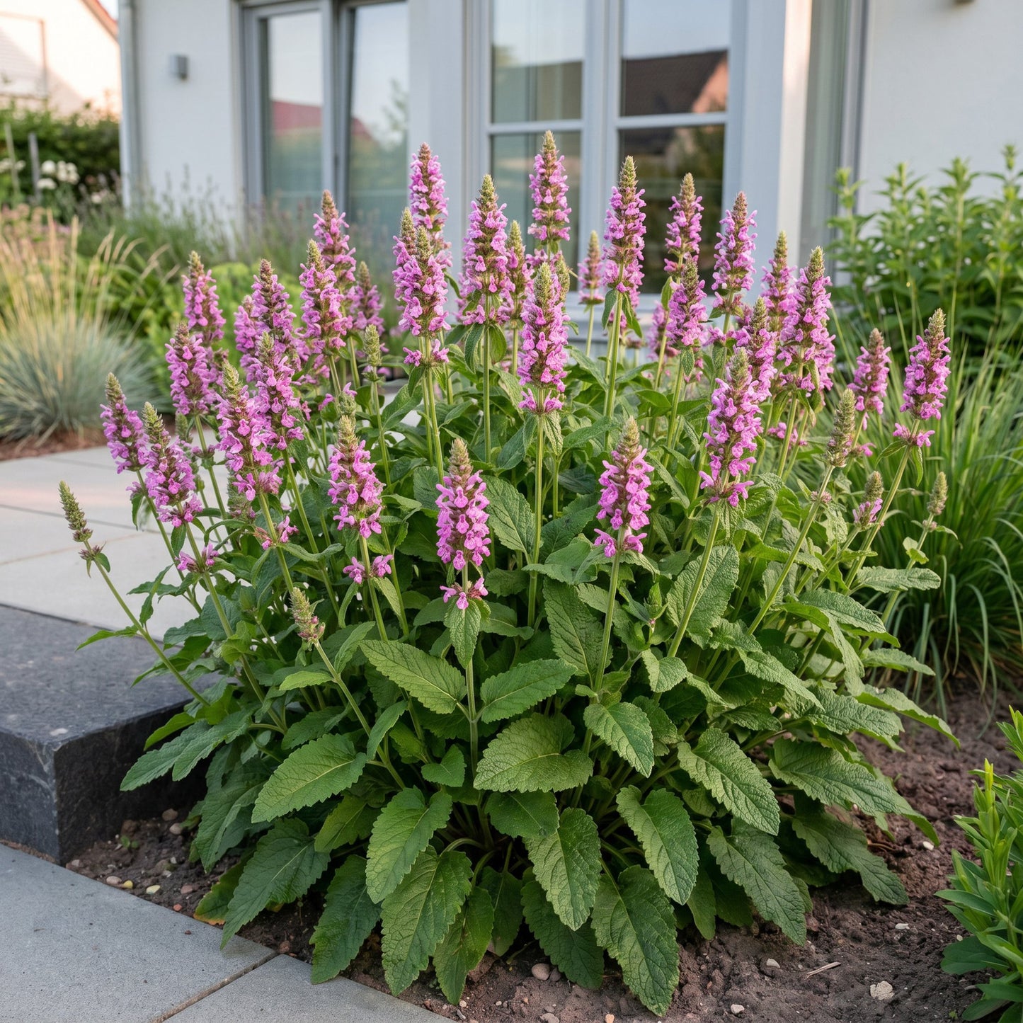 Stachys off. Ukkie, ou Oreilles de mouton, avec ses épis floraux rose-violet, plantée en pleine terre dans un jardin moderne.