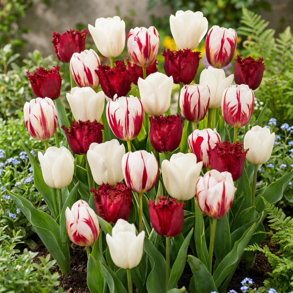 Massif de tulipes 'Dutch Design' aux fleurs blanches, rouges et panachées de rouge et blanc.