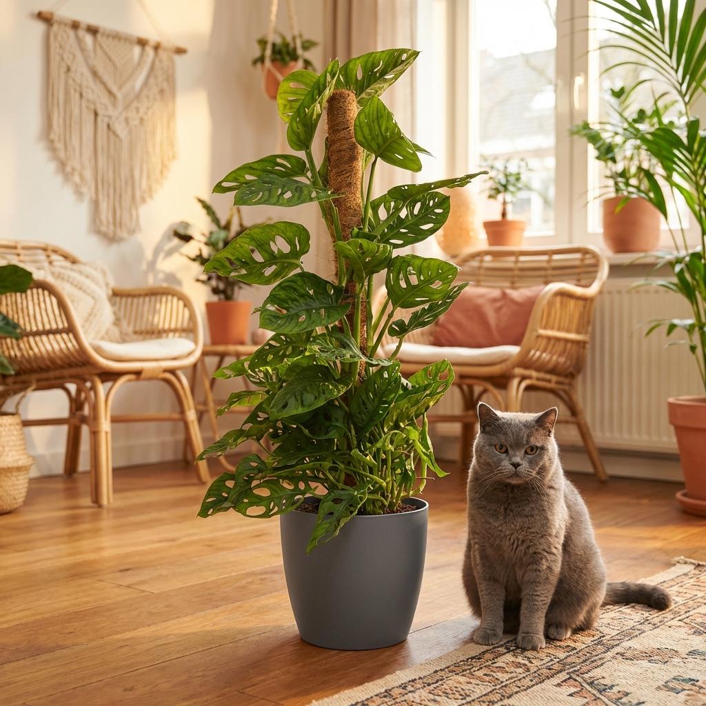 Plante d'intérieur - Monkey Mask - Monstera Adansonii sur Tuteur - Vert - Entretien facile - 1 Plante - avec Potter Gris - Pot 19cm - Hauteur 90cm