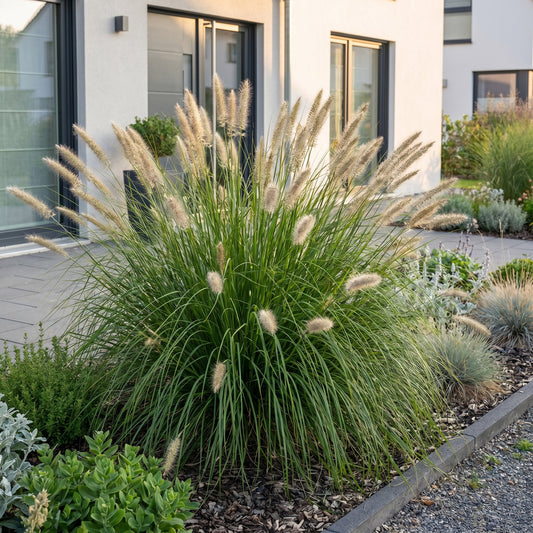 Pennisetum alop. Hameln, herbe à lampes, avec ses épis duveteux, ornant une bordure de jardin près d'une maison moderne.