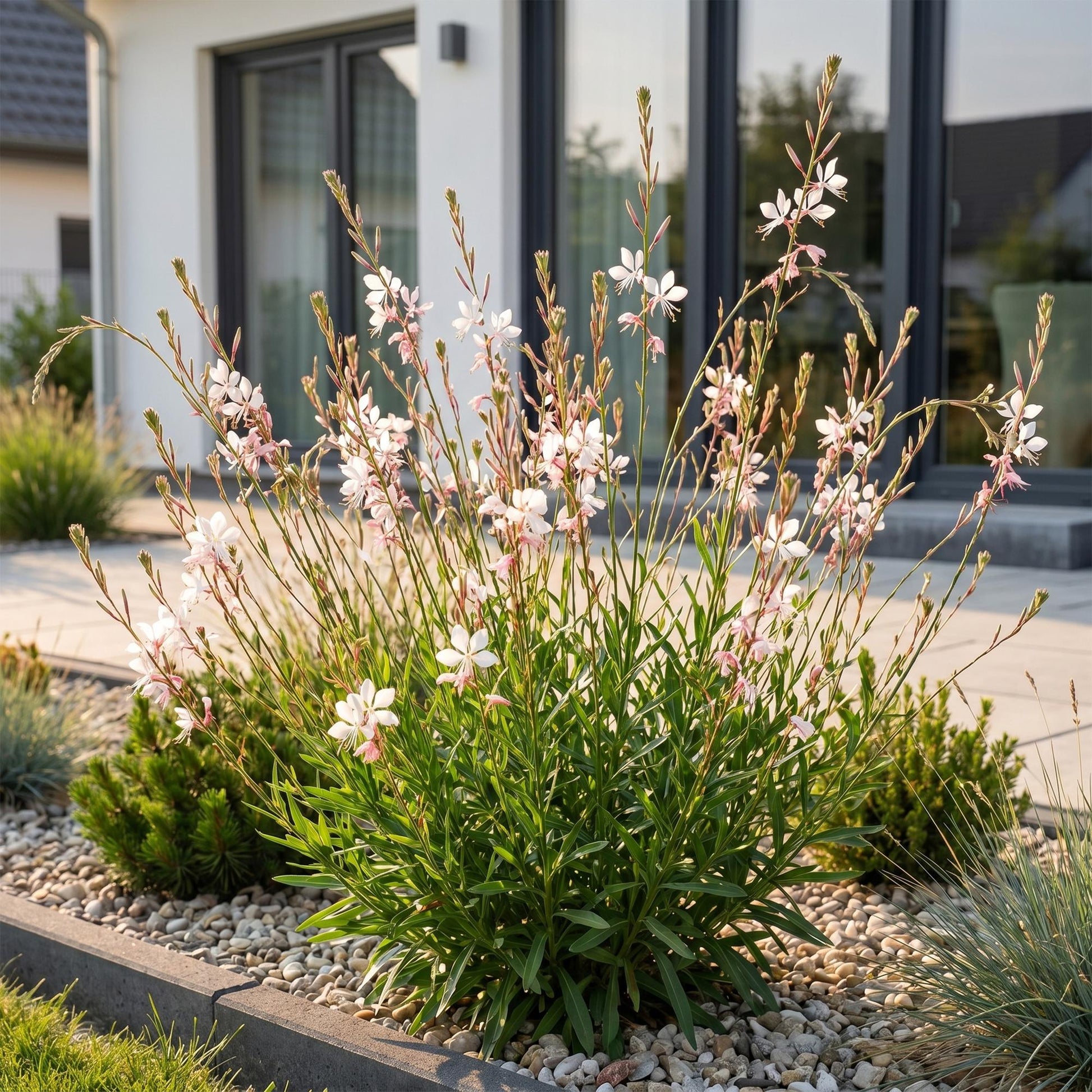 Gaura lindheimeri 'Whirling Butterflies', bougies d'ornement aux fleurs blanches et roses, plantée dans un jardin moderne avec du gravier.