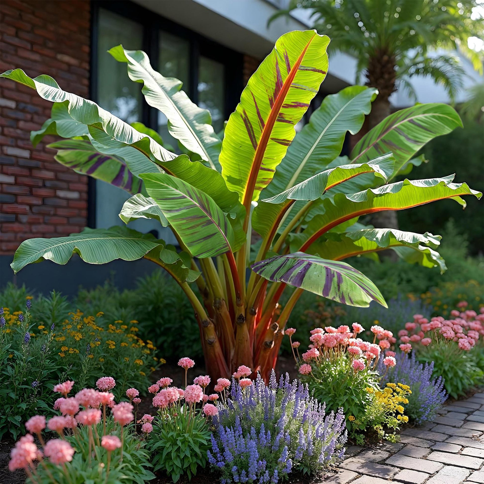 Musa sikkemensis Red Tiger, une plante banane tropicale aux feuilles vertes tigrées de rouge, trônant dans un jardin fleuri avec des armoise