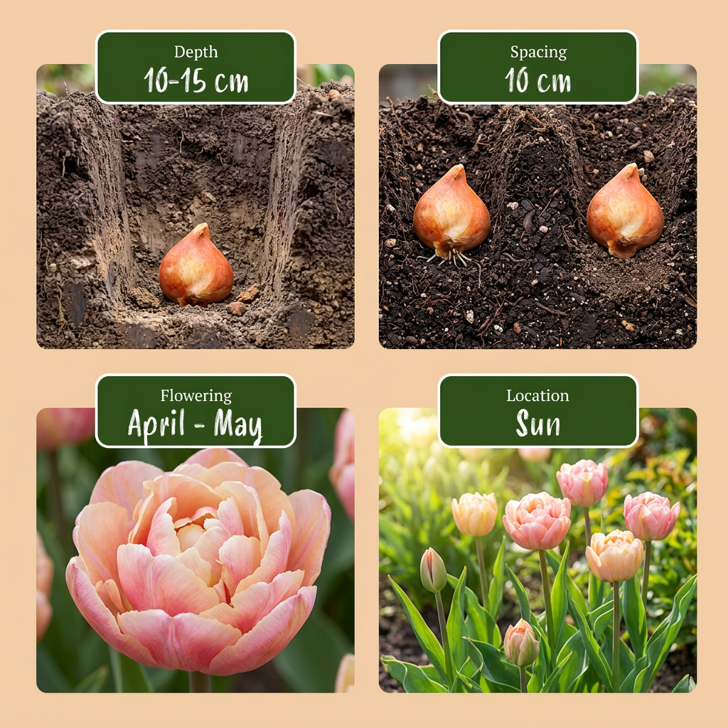 Guide de plantation des bulbes de tulipe 'Peaches & Kisses' avec profondeur, espacement, floraison et exposition au soleil.