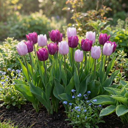 Massif de tulipes 'Prince' en mélange, aux fleurs violettes et rose pâle, en pleine floraison dans un jardin ensoleillé.