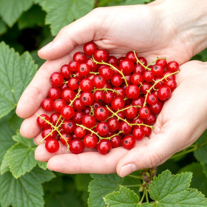 Ribes rubrum Jonkheer van Tets. Une paire de mains tenant une abondance de baies rouges juteuses et brillantes, fraîchement cueillies, avec 