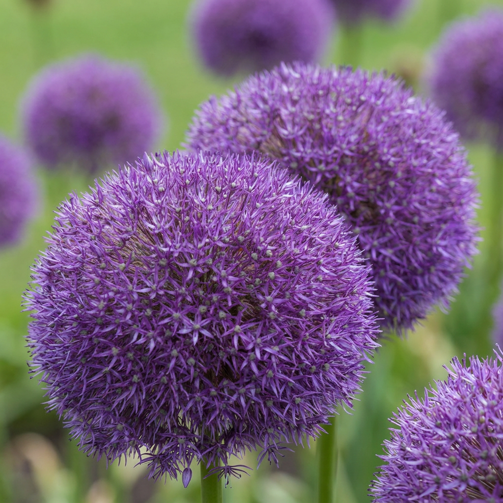Gros plan sur les inflorescences sphériques violettes de l'Ail d'ornement 'Pinball Wizard' dans un massif fleuri.
